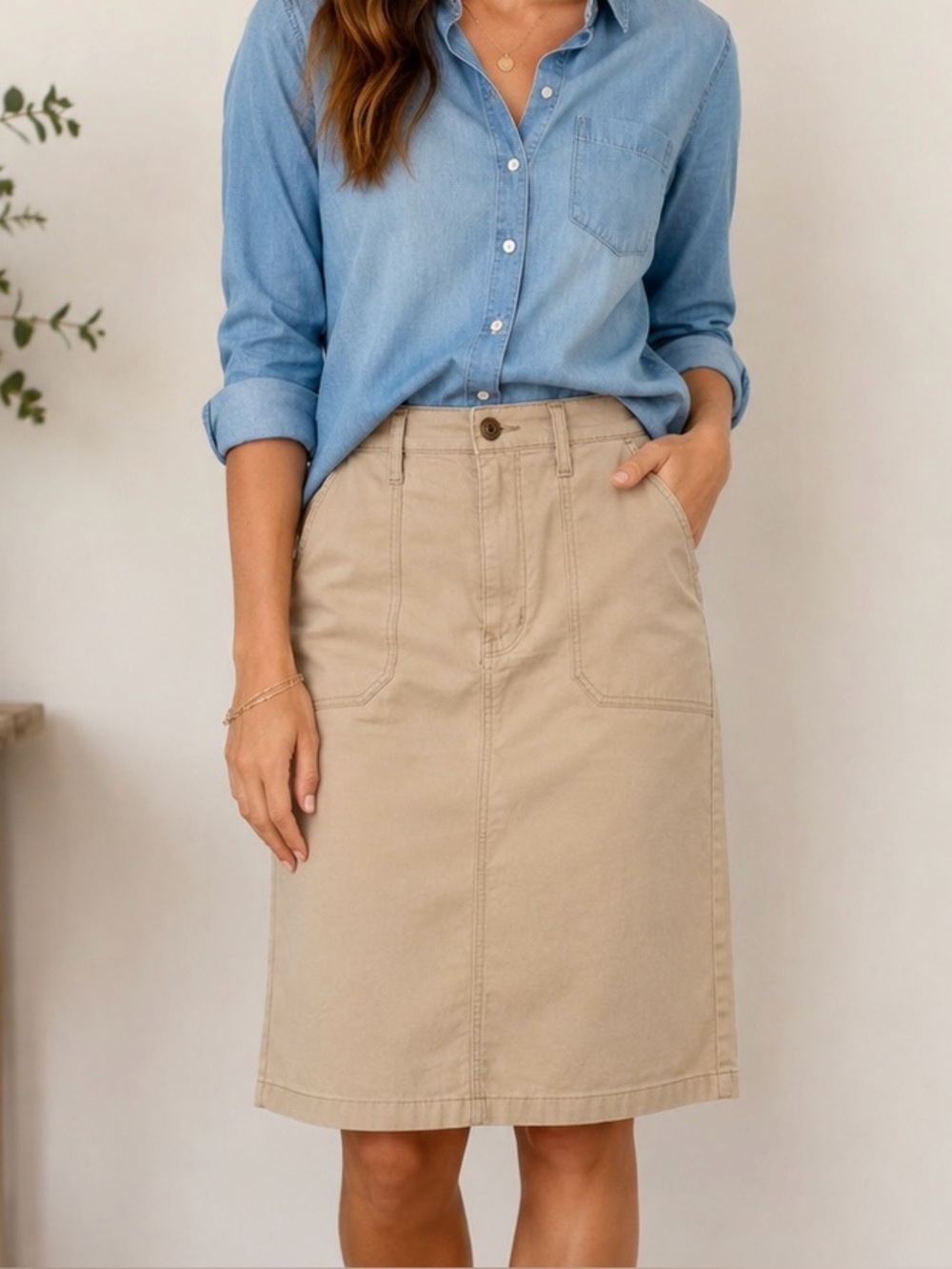 St. John's Bay Women’s Beige Midi Utility Pencil Skirt Size 12 Tall NWT Pockets